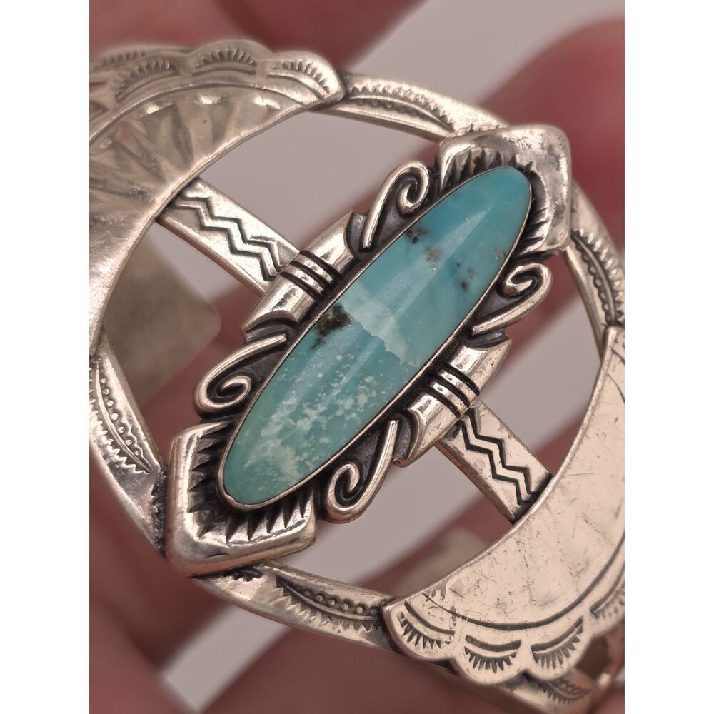 Vintage Singed BELL TRADING POST Sterling Silver Turquoise Cuff - Picture 4 of 15
